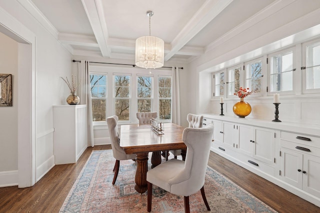 dining room with a chandelier, dark wood finished floors, ornamental molding, beam ceiling, and coffered ceiling