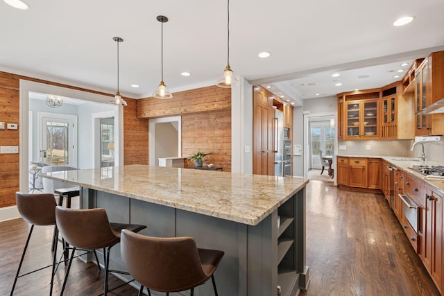 kitchen featuring light stone countertops, appliances with stainless steel finishes, dark wood finished floors, and a center island