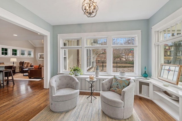 living area featuring vaulted ceiling, radiator heating unit, and wood finished floors