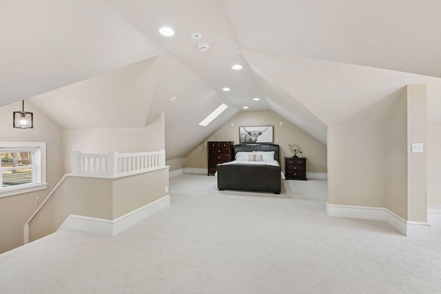 carpeted bedroom with recessed lighting, baseboards, and vaulted ceiling