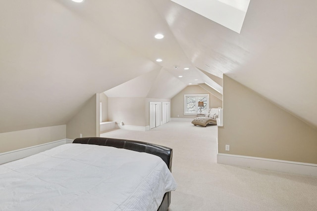 carpeted bedroom with recessed lighting, baseboards, and vaulted ceiling