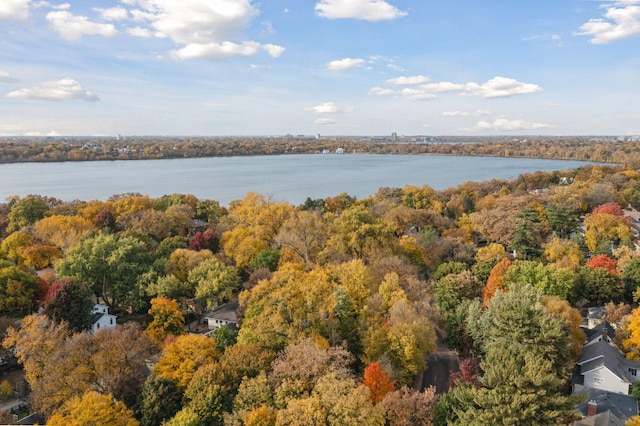 birds eye view of property with a forest view and a water view