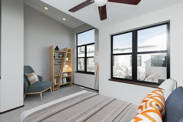 bedroom featuring lofted ceiling, ceiling fan, carpet flooring, and recessed lighting