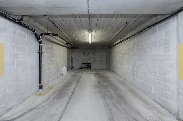 basement with a garage and concrete block wall