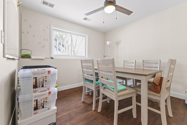 dining area featuring wood finished floors, visible vents, and baseboards