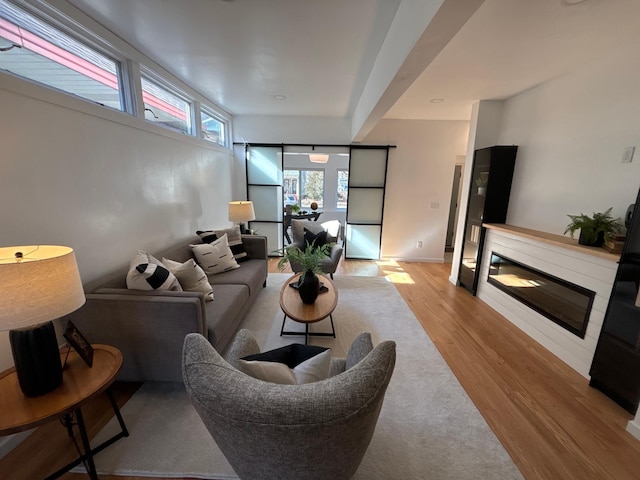 living room with wood finished floors and a glass covered fireplace