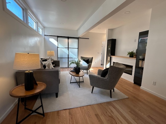 living room with a glass covered fireplace, baseboards, and wood finished floors