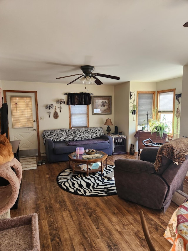 living area featuring hardwood / wood-style floors and a ceiling fan