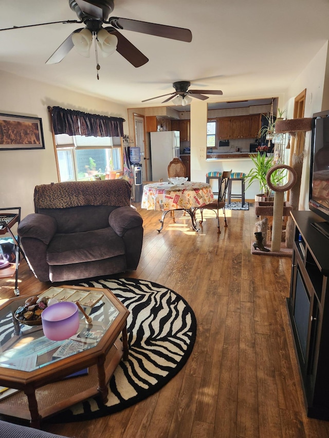 living area with hardwood / wood-style floors and a ceiling fan