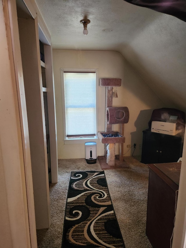 corridor featuring carpet, vaulted ceiling, and a textured ceiling