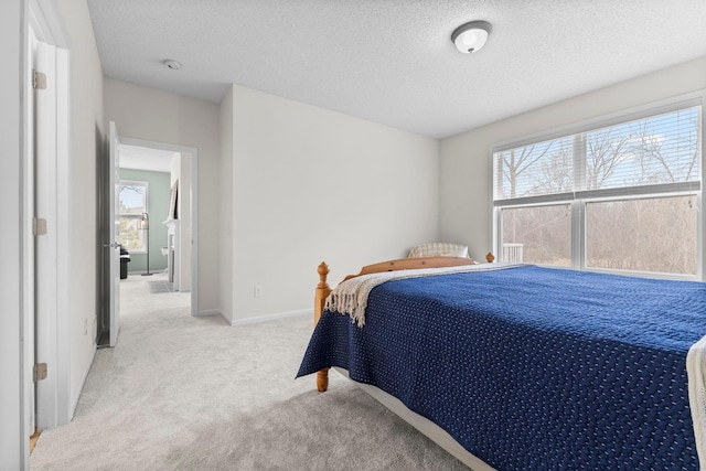 bedroom with light colored carpet, a textured ceiling, and baseboards