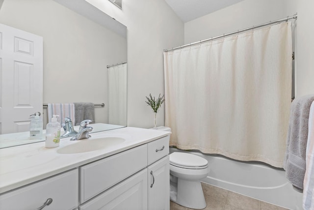 full bath with toilet, tile patterned flooring, shower / bath combination with curtain, and vanity