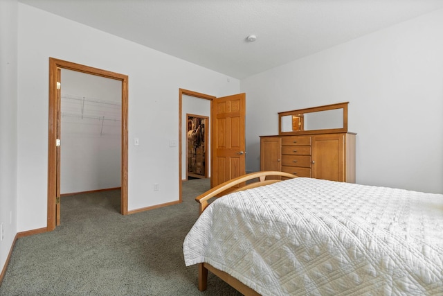 bedroom featuring carpet floors, a closet, a spacious closet, and baseboards