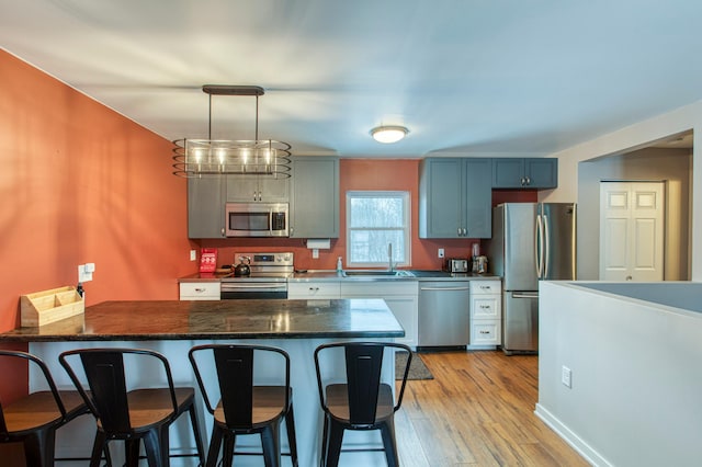 kitchen featuring a peninsula, a breakfast bar, a sink, appliances with stainless steel finishes, and dark countertops