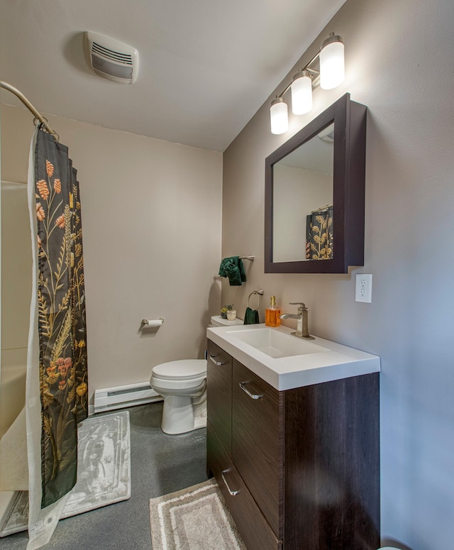 bathroom with curtained shower, visible vents, toilet, a baseboard heating unit, and vanity