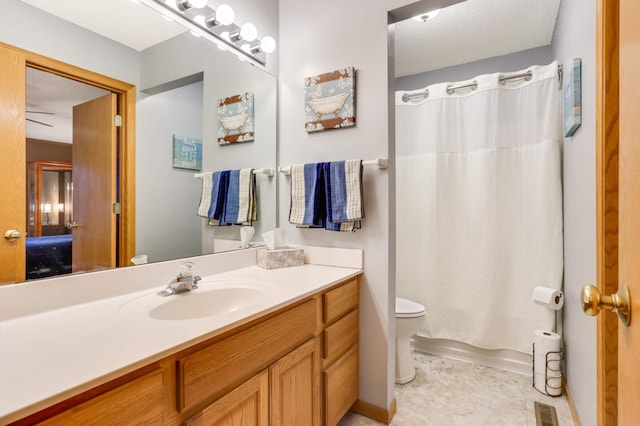 full bathroom with toilet, visible vents, shower / bath combination with curtain, and vanity