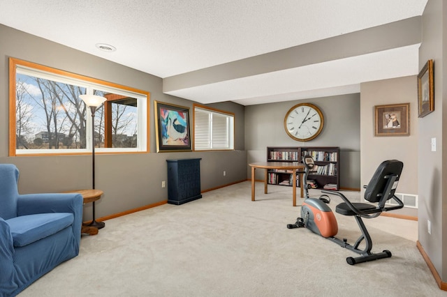 carpeted home office with visible vents, baseboards, and a textured ceiling