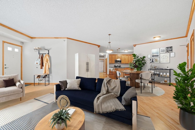 living room featuring light wood-type flooring, a textured ceiling, crown molding, and baseboards