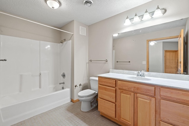 full bathroom with visible vents, toilet, a textured ceiling, washtub / shower combination, and vanity