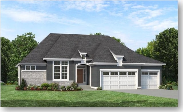 view of front of home with a garage, a shingled roof, stone siding, driveway, and a front lawn