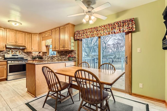 kitchen featuring stainless steel range, backsplash, a peninsula, under cabinet range hood, and baseboards