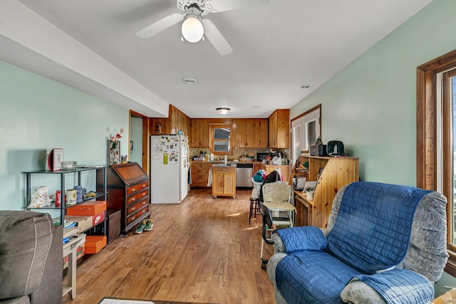 interior space featuring a ceiling fan, plenty of natural light, and light wood-style floors