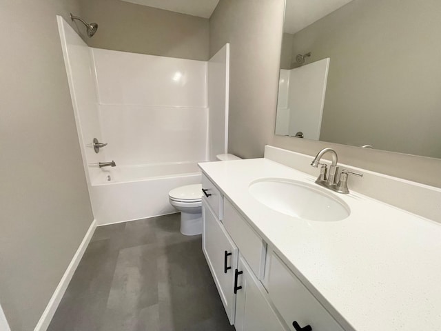 bathroom with baseboards, shower / tub combination, vanity, and toilet