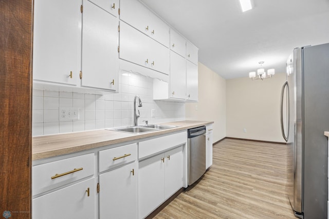 kitchen featuring light wood-type flooring, a sink, tasteful backsplash, stainless steel appliances, and white cabinets