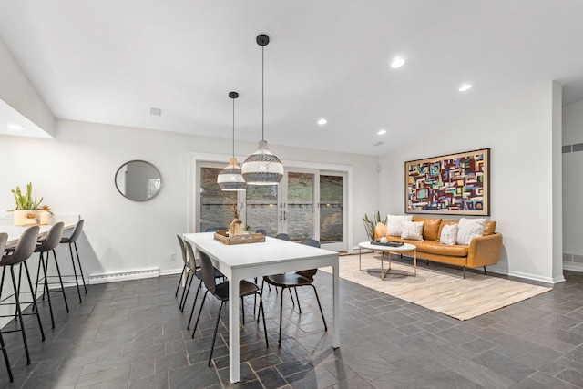 dining room featuring a baseboard radiator, recessed lighting, visible vents, vaulted ceiling, and baseboards