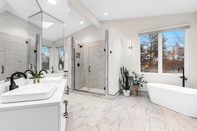 full bathroom with vaulted ceiling with beams, a sink, marble finish floor, a soaking tub, and a stall shower