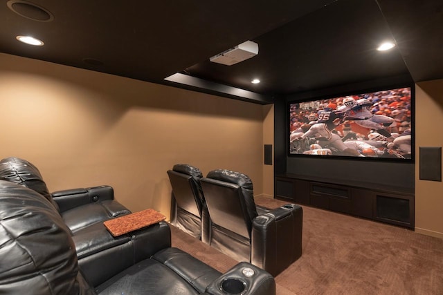 home theater room featuring carpet floors, baseboards, and recessed lighting