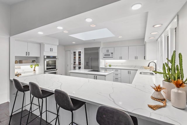 1345 Fairlawn Way, Golden Valley, MN 55416 - kitchen with built in appliances, a sink, recessed lighting, a skylight, and light stone counters