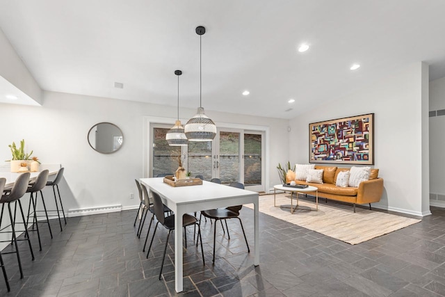 1345 Fairlawn Way, Golden Valley, MN 55416 - dining space with a baseboard heating unit, recessed lighting, baseboards, stone tile floors, and lofted ceiling