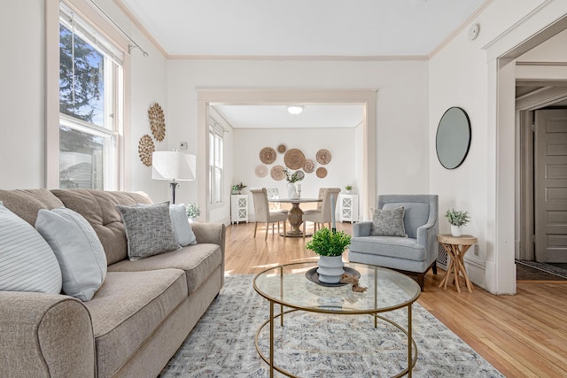 living room with crown molding, baseboards, and light wood-type flooring