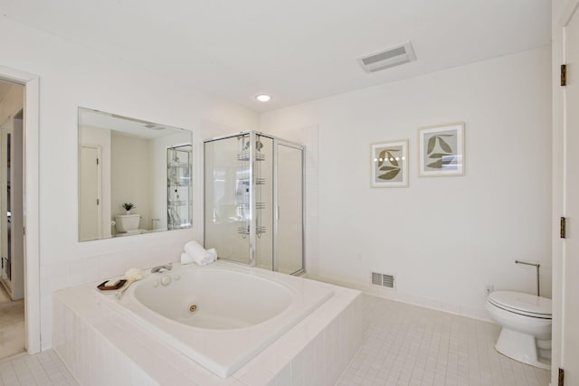 bathroom featuring tile patterned floors, visible vents, toilet, a stall shower, and a tub with jets