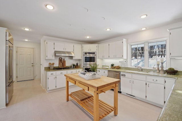 kitchen featuring a sink, appliances with stainless steel finishes, under cabinet range hood, and white cabinetry