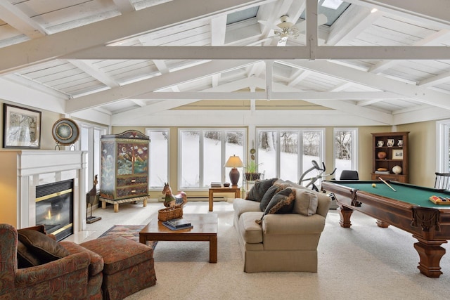 sunroom featuring lofted ceiling with beams, billiards, a fireplace, and ceiling fan