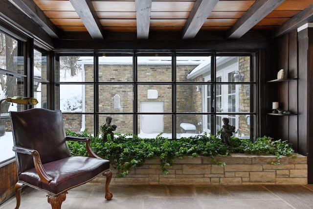 interior space with wood ceiling and beam ceiling