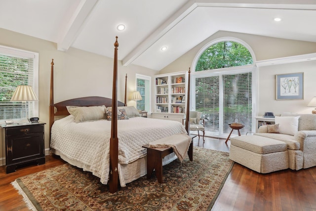 bedroom featuring vaulted ceiling with beams, multiple windows, wood finished floors, and recessed lighting