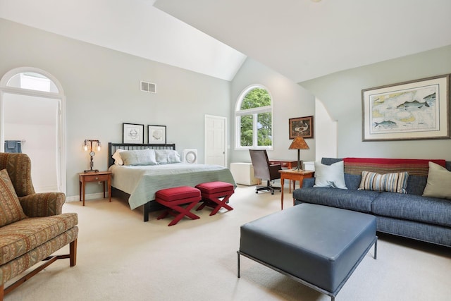 bedroom featuring baseboards, visible vents, light colored carpet, high vaulted ceiling, and a closet