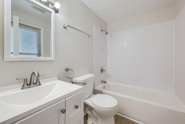 full bathroom featuring toilet, bathing tub / shower combination, visible vents, and vanity