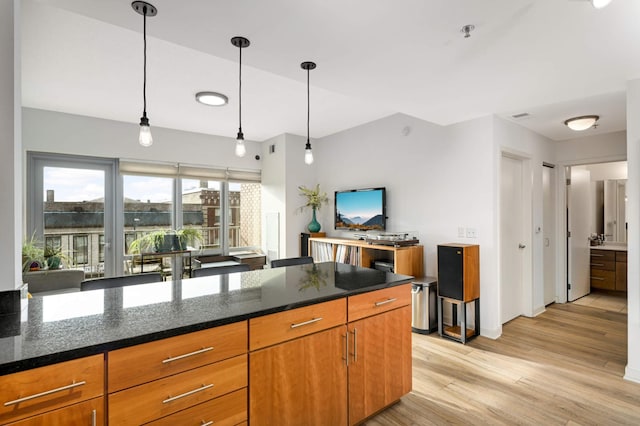929 Portland Ave Unit 309, Minneapolis, MN 55404 - kitchen with light wood-type flooring, pendant lighting, dark stone counters, and brown cabinetry