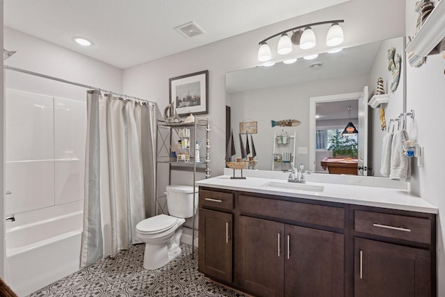 bathroom featuring tile patterned floors, visible vents, toilet, shower / tub combo with curtain, and vanity