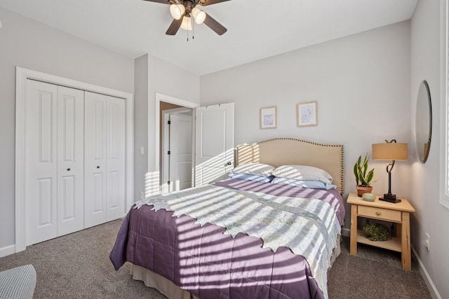 bedroom featuring a closet, carpet flooring, a ceiling fan, and baseboards