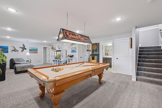 playroom with billiards, recessed lighting, carpet, and baseboards