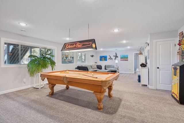 playroom with billiards, recessed lighting, light colored carpet, and baseboards