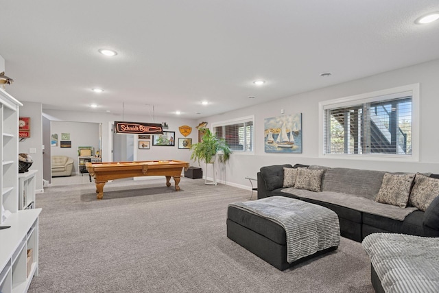 game room featuring pool table, recessed lighting, carpet, and baseboards