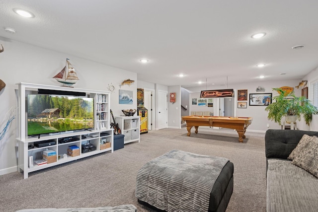 playroom with recessed lighting, baseboards, carpet floors, and billiards