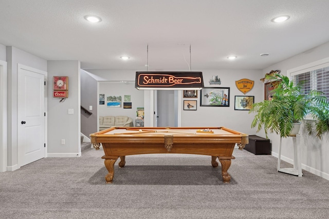 game room featuring recessed lighting, baseboards, billiards, and carpet