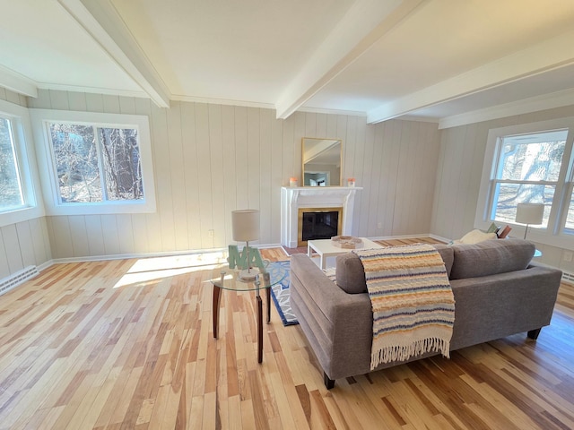 living area featuring a glass covered fireplace, beamed ceiling, and wood finished floors